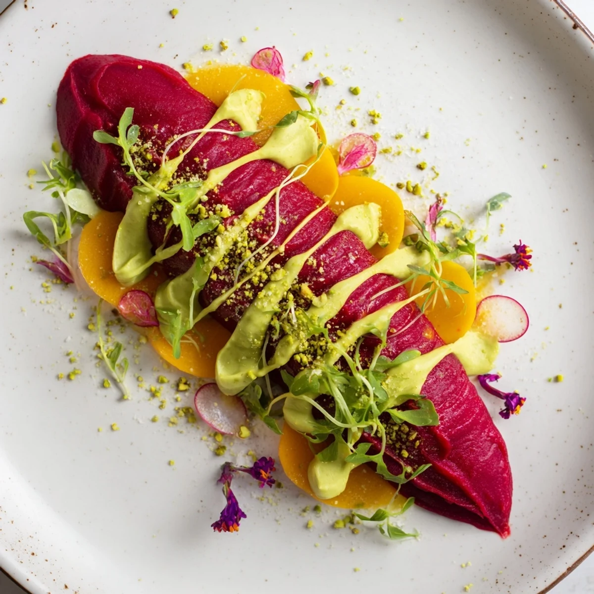 Delicious vegetarian Modernist Stripe: edible flowers and microgreens garnish the flavorful purée dish.