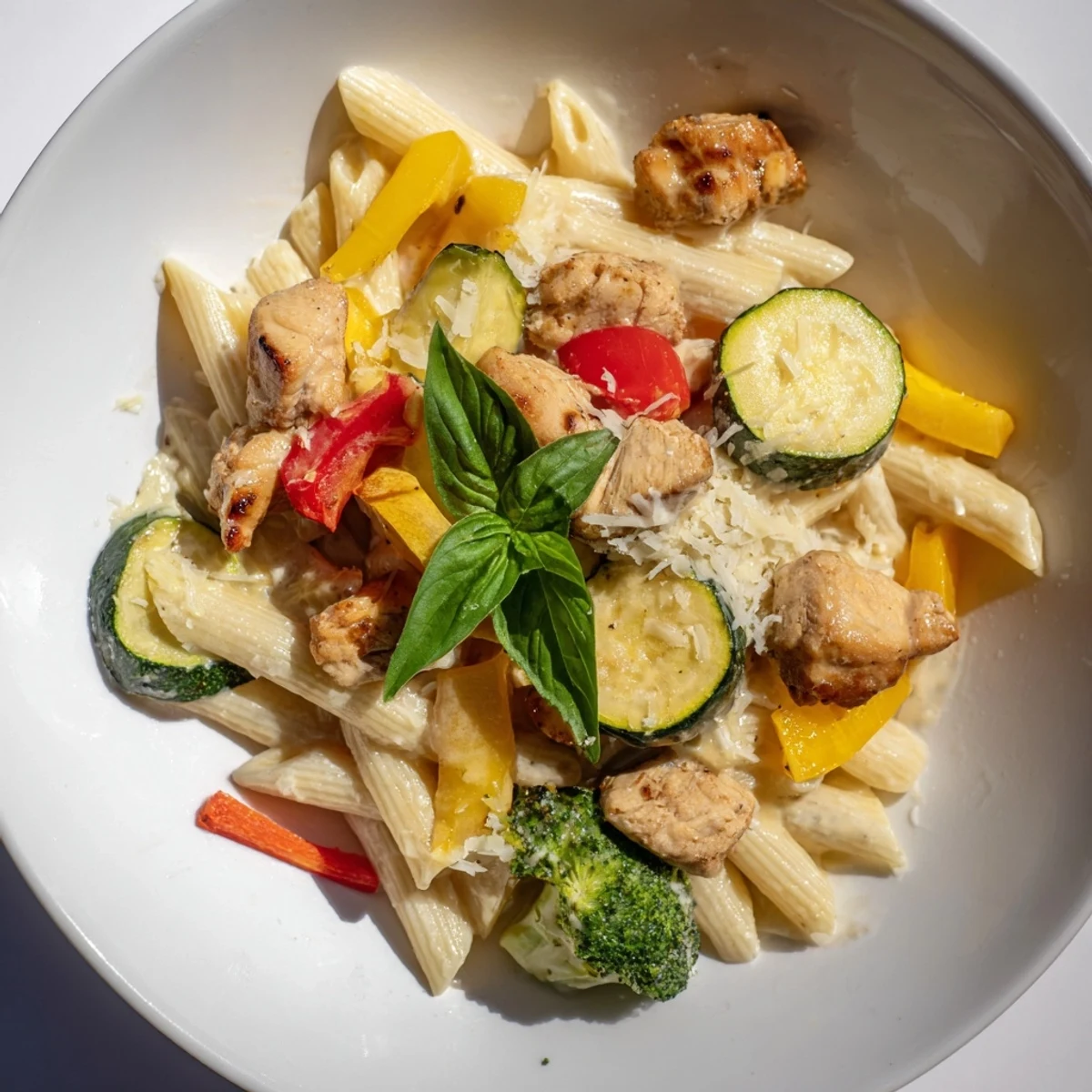 Steaming pasta primavera with chicken, vegetables, and creamy sauce, perfect for a hearty dinner.