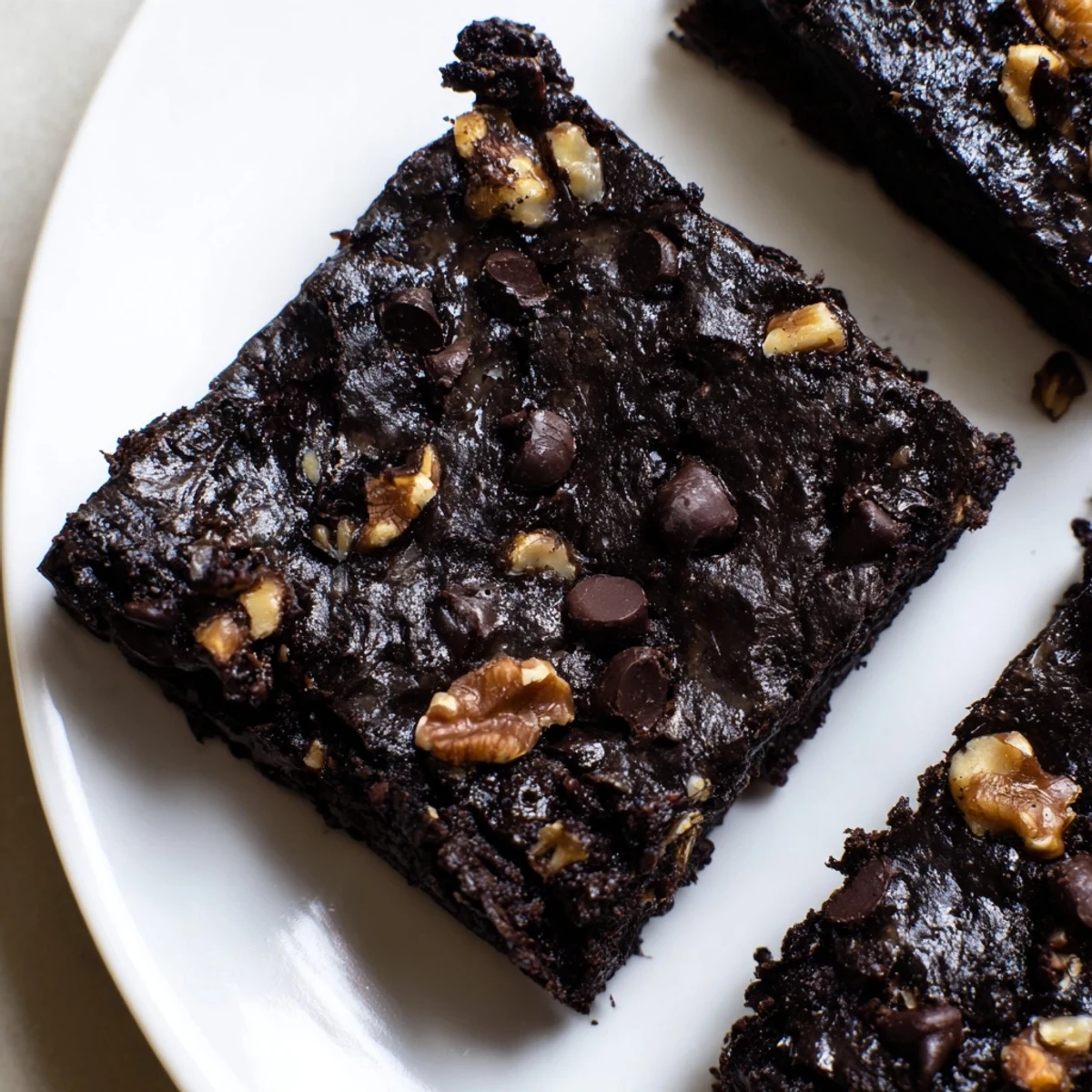 Warm Black Bean Brownies are freshly baked, with visible chocolate chips, promising a delightful treat.