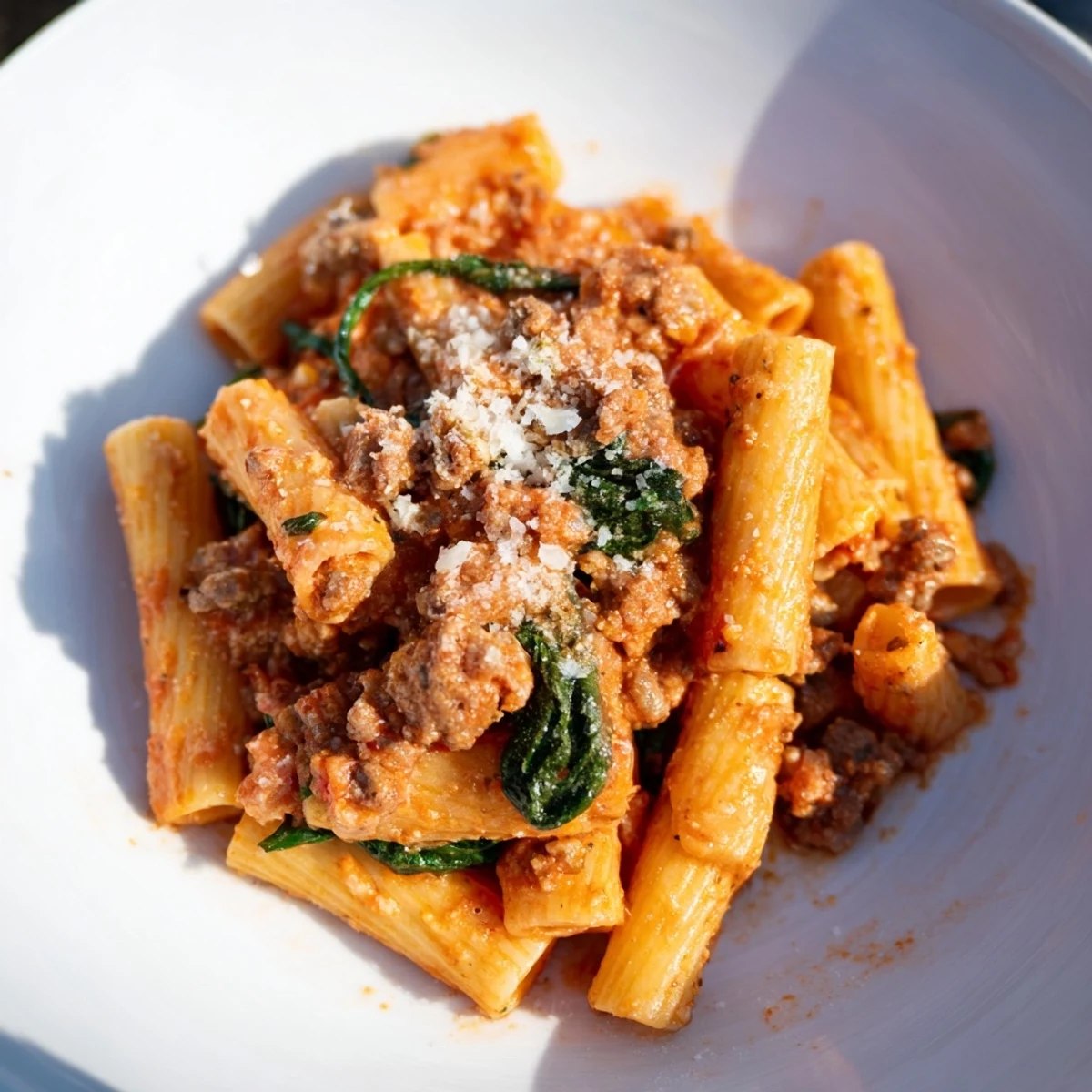 Steaming bowl of One-Pot Italian Sausage Tomato Pasta with Parmesan cheese, ready to be enjoyed.
