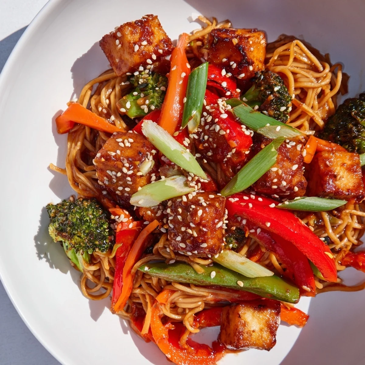 Crispy sesame ginger tofu stir-fry with colorful veggies and a glossy, flavorful sauce.