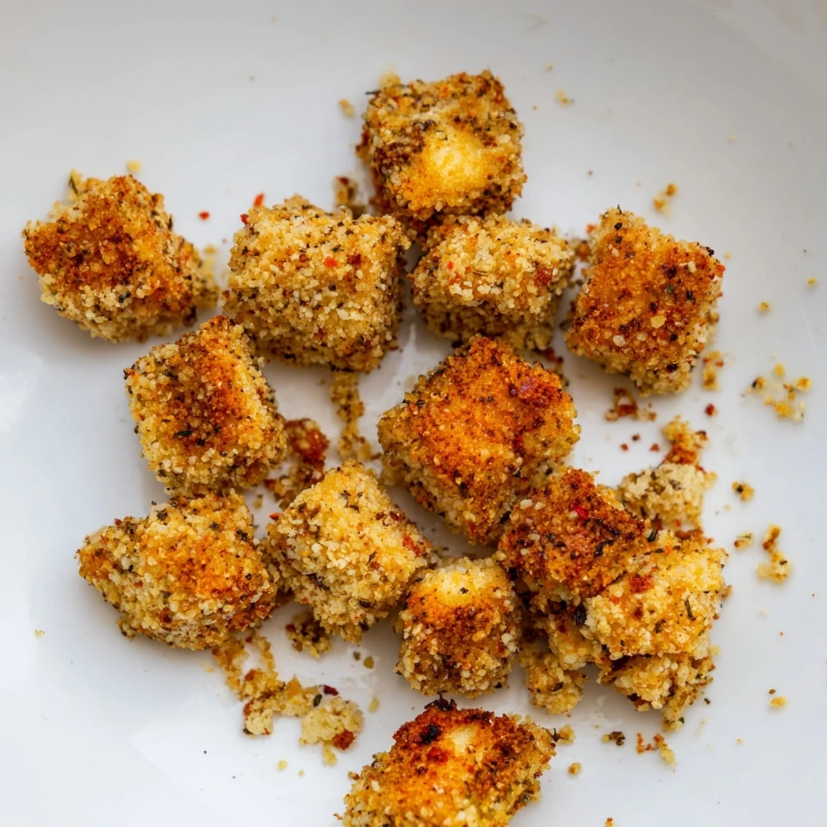 Perfectly cooked Popcorn Tofu Bites offering a tempting crunch, served as a plant-based appetizer.