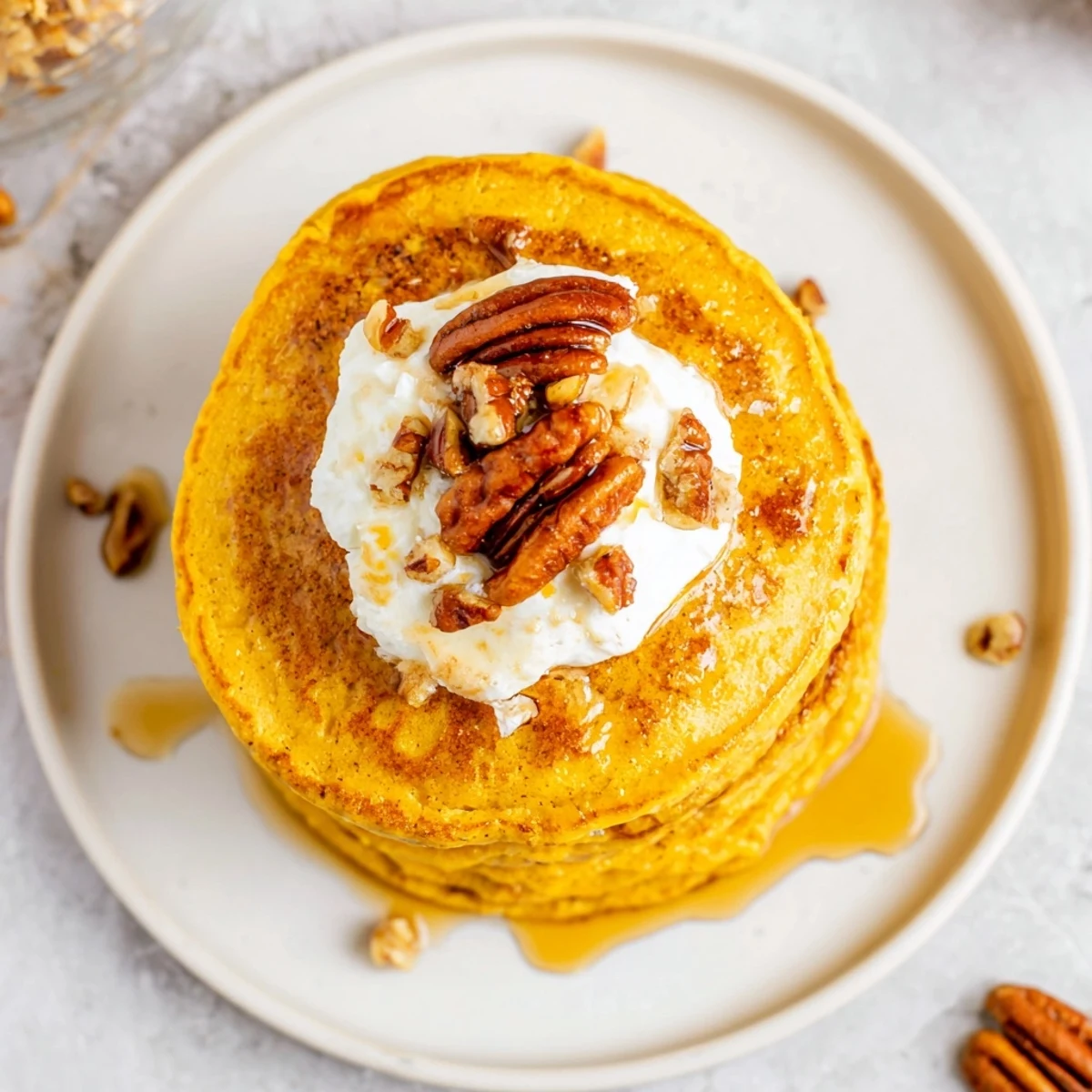 Golden, fluffy Pumpkin Spice Pancakes drizzled with maple syrup; a delicious autumn breakfast treat.