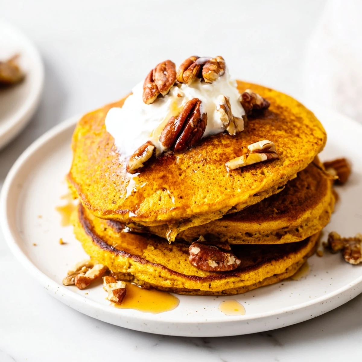 Deliciously stacked, golden-brown Pumpkin Spice Pancakes, cooked to perfection, showcasing fluffy texture.