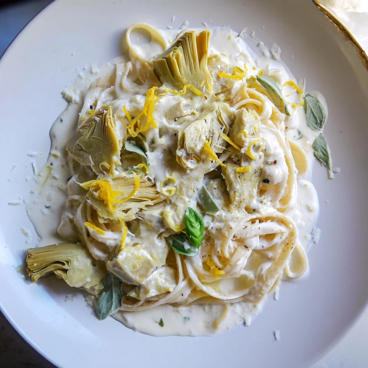 A creamy bowl of Creamy Lemon Artichoke Pasta garnished with fresh basil, ready to enjoy.