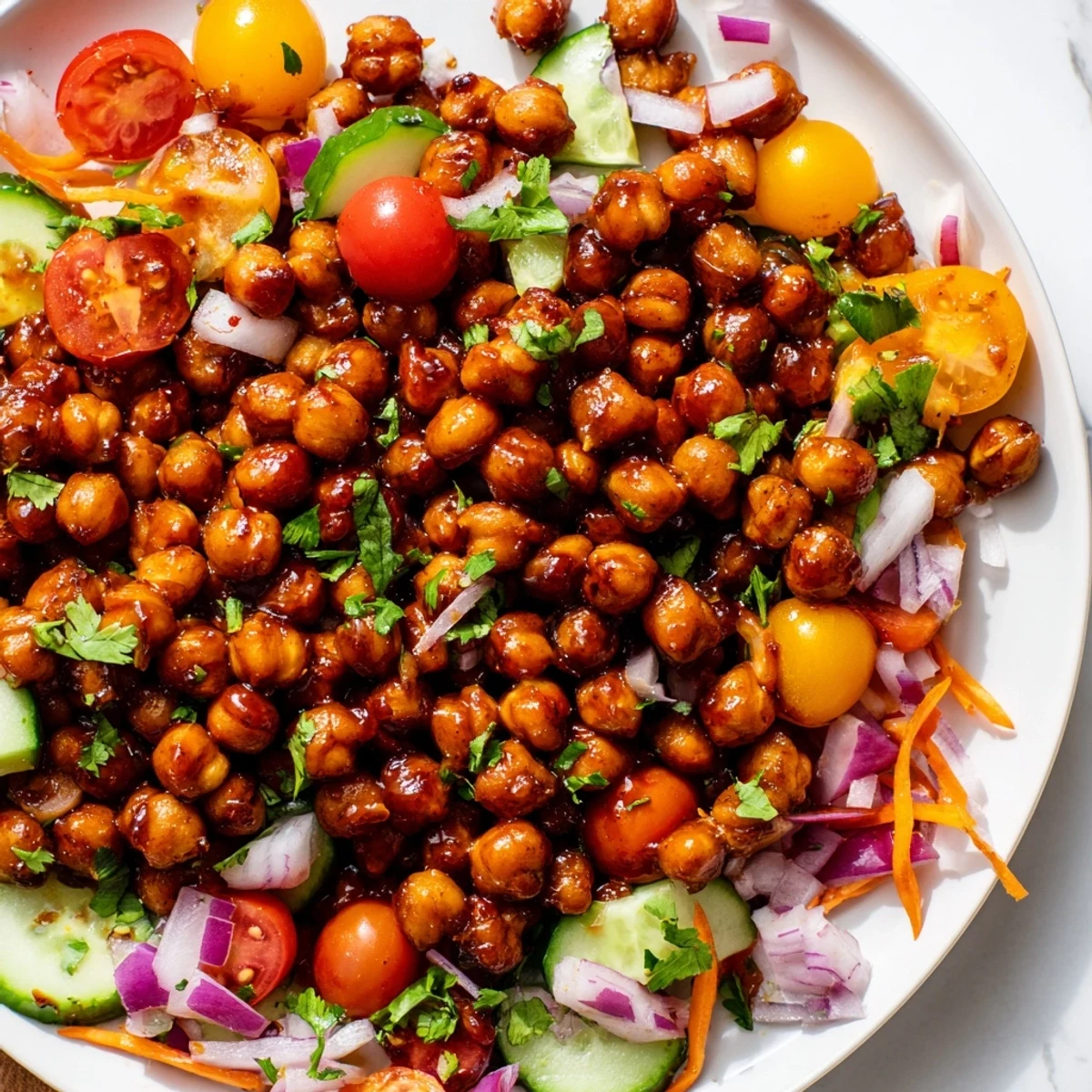 Smoky BBQ Chickpea Salad glistening with fresh veggies, a perfectly balanced vegan lunch.