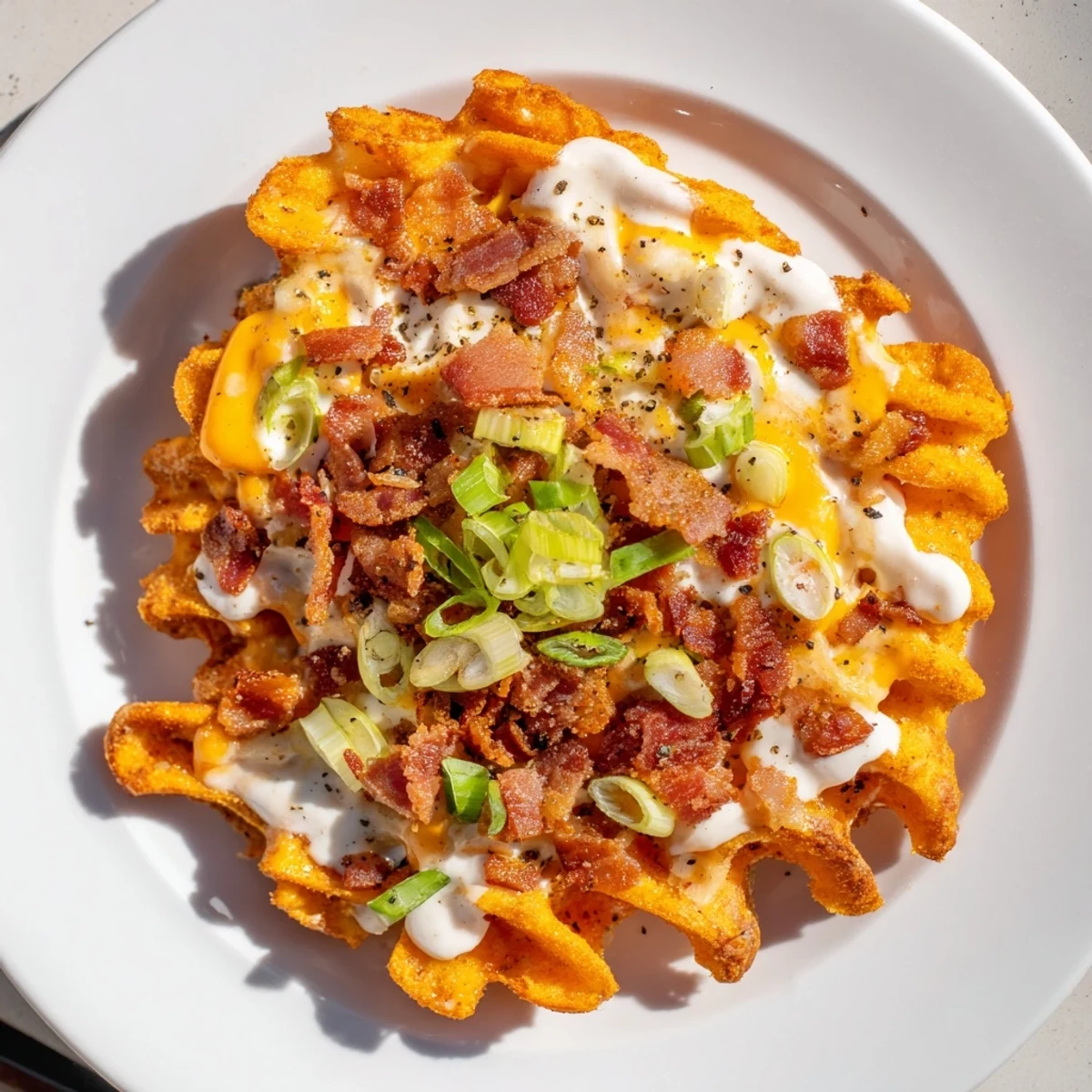 Golden, crispy Loaded Sweet Potato Fries are topped with bubbling cheese, savory bacon, and cool ranch.