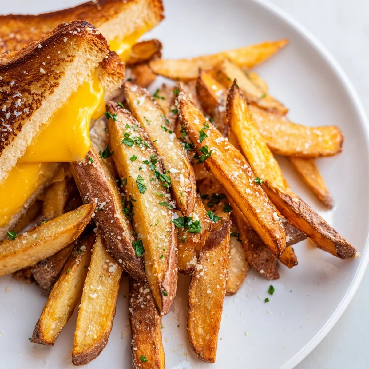 Golden, crispy Beef Tallow French Fries Grilled Cheese, perfectly paired, ready to enjoy with a melty cheese filling.