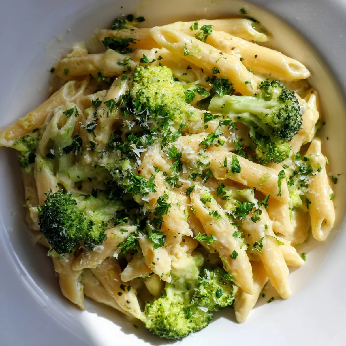 Steaming Cream Cheese Garlic Pasta with vibrant green broccoli, creamy sauce, and fresh parsley garnish.