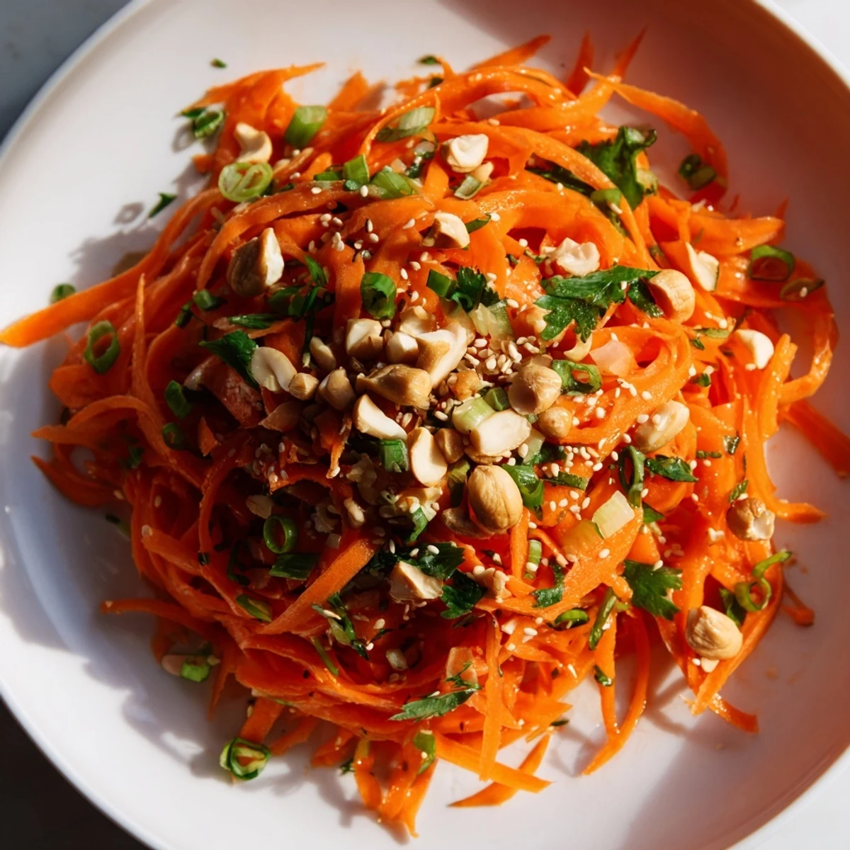 Vibrant, shredded Spicy Carrot Salad tossed in a flavorful, spicy Asian dressing, a refreshing side dish.