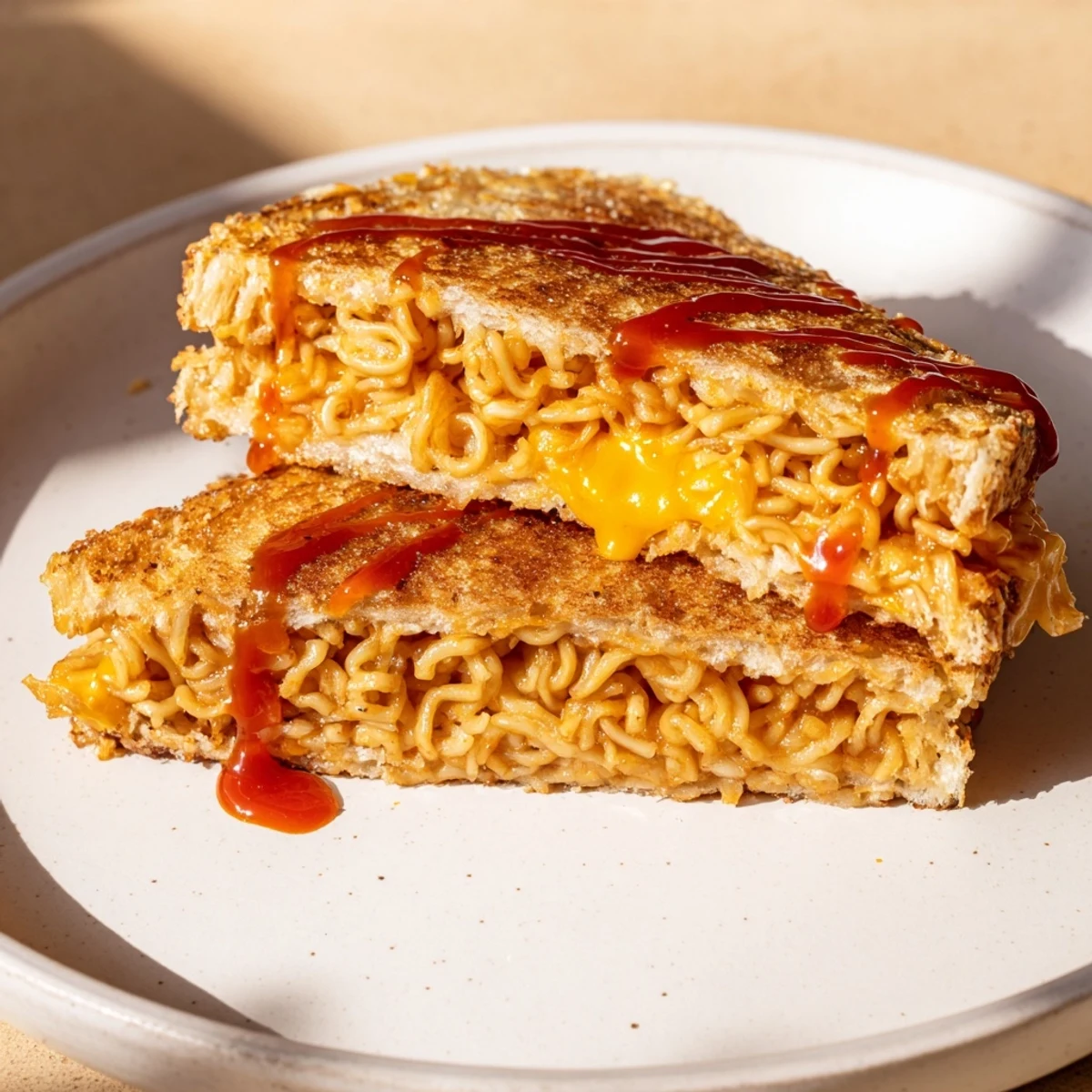 Golden-brown Instant Ramen Grilled Cheese oozes melted cheese, a quick and delicious savory snack.