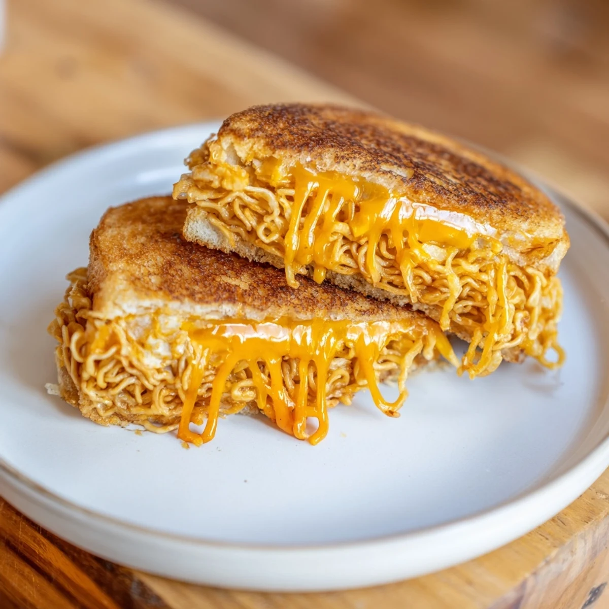 Crispy Instant Ramen Grilled Cheese with a spicy kick, showcasing cheese pull and perfect texture.