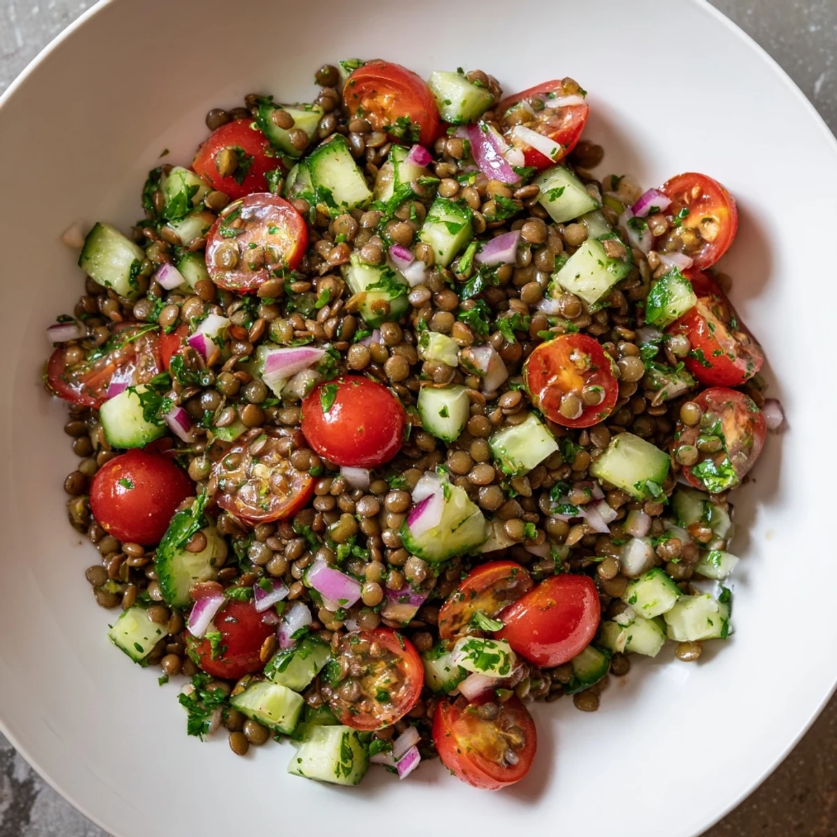 Tender lentils mixed with fresh veggies and tangy dressing in this beautiful lentil salad.