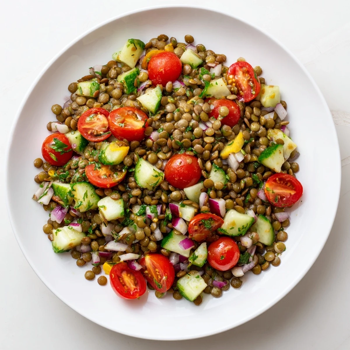 Bright, colorful lentil salad with cherry tomatoes, red onion, and a zesty mustard vinaigrette.
