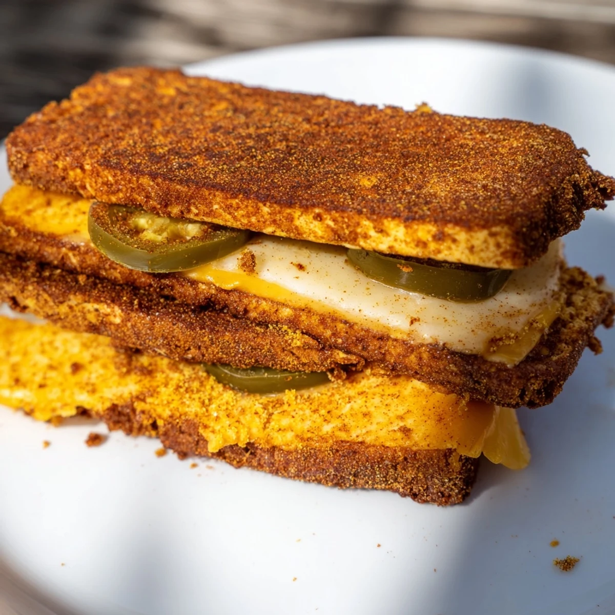 Golden, crispy spicy tofu grilled cheese sandwich, oozing melty vegan cheese and ready to eat.