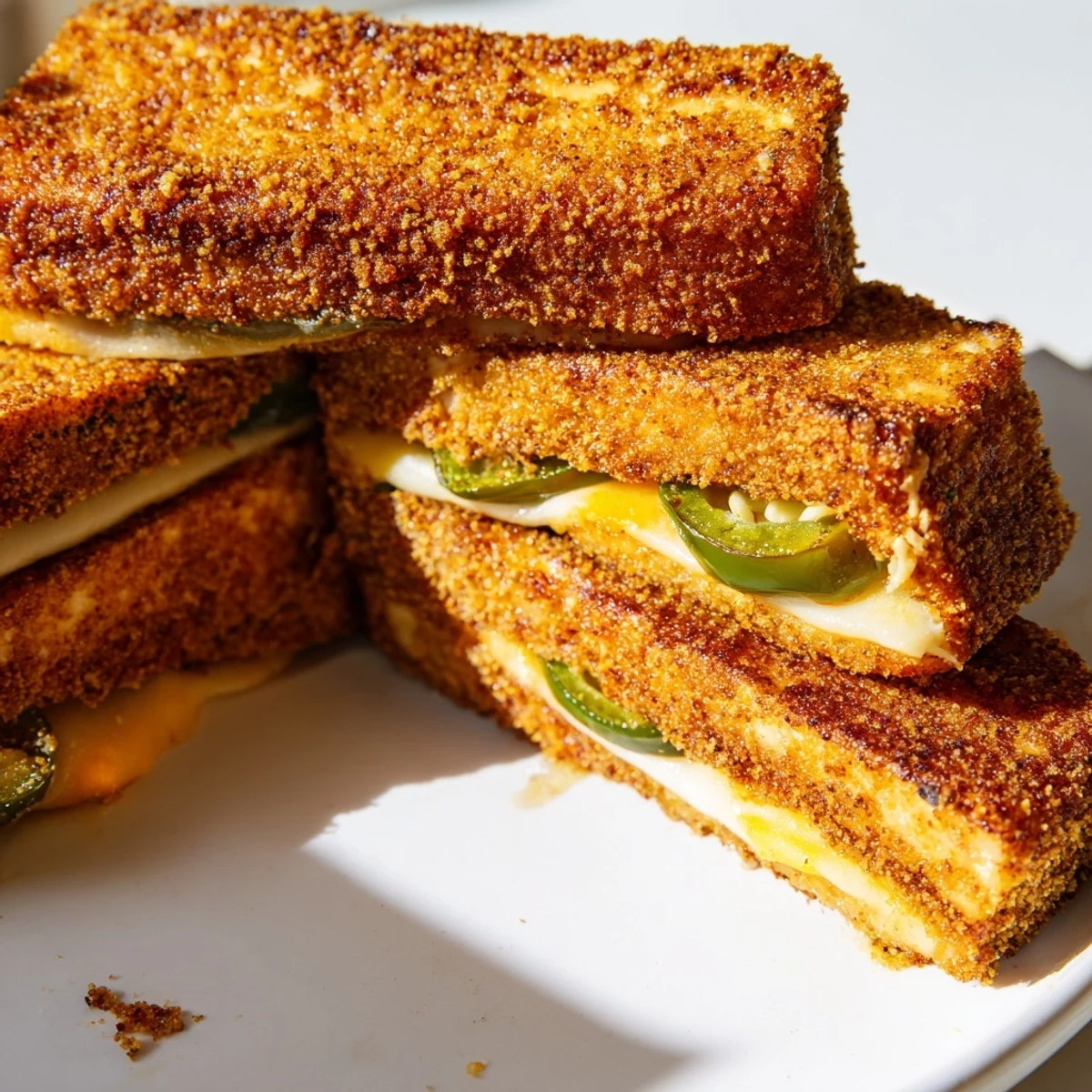 Spicy crispy tofu grilled cheese with a satisfying crunch, a vegan version of a comfort food classic.