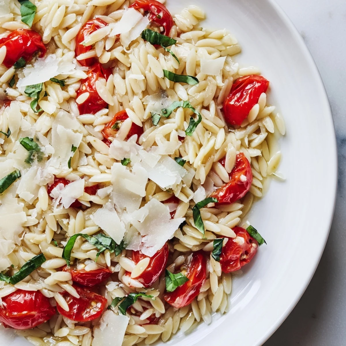 A close-up shot of steaming Orzo Tomato Parmesan, a comforting vegetarian Italian meal.