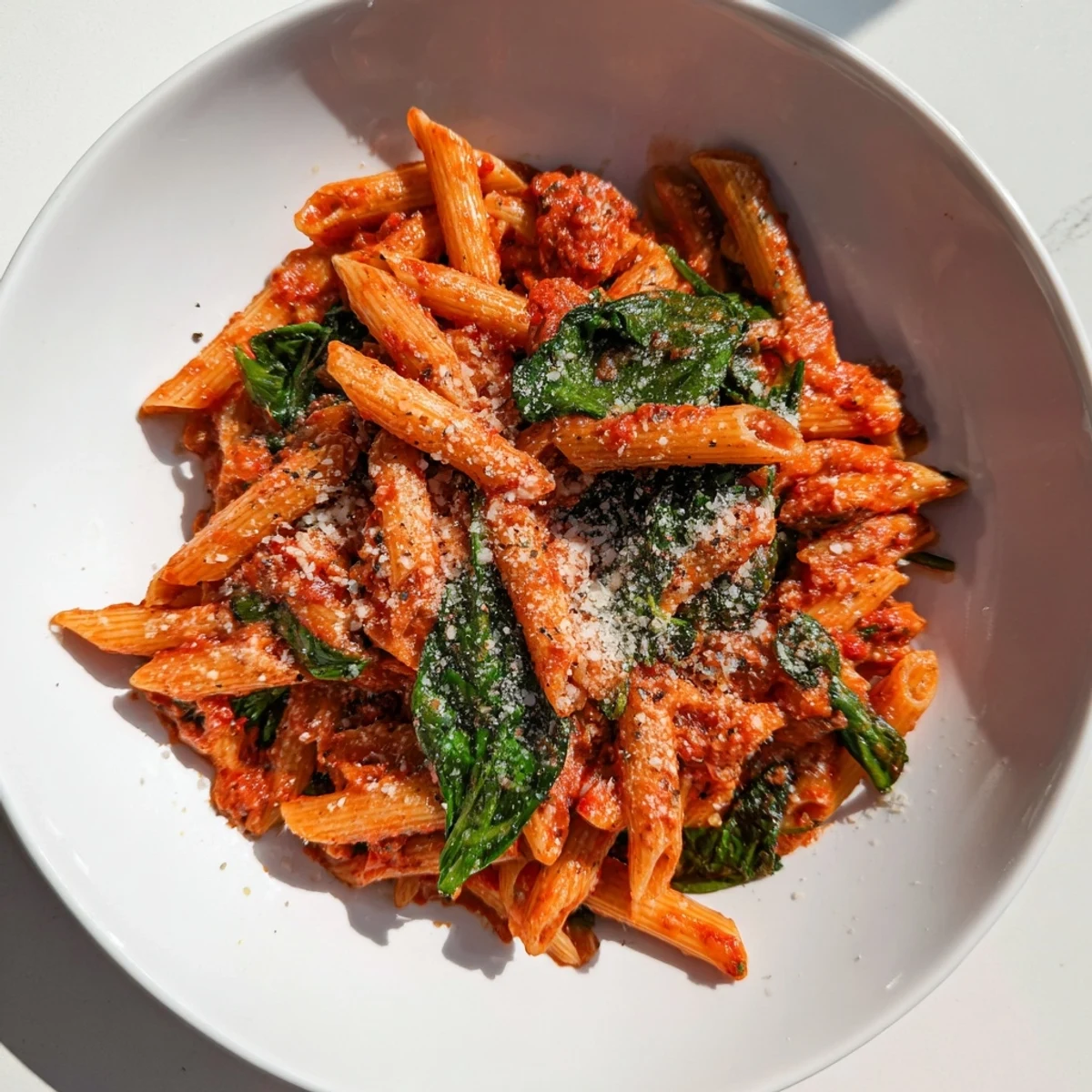 Quick Marinara Pasta with Spinach served in a bowl, steam rising, ready for enjoying a flavorful Italian meal.