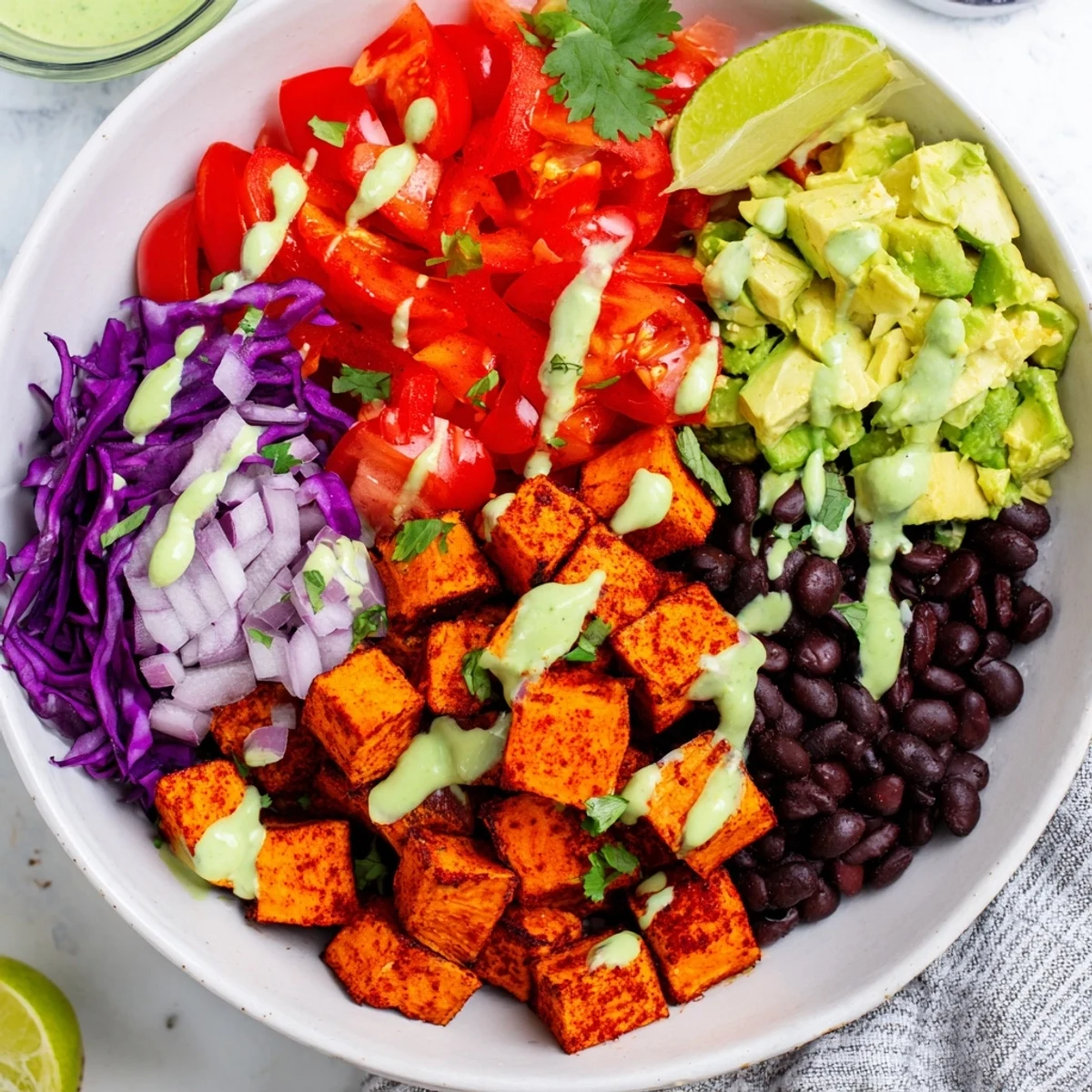 Brightly colored sweet potato taco bowls, showcasing roasted vegetables and a creamy lime dressing.
