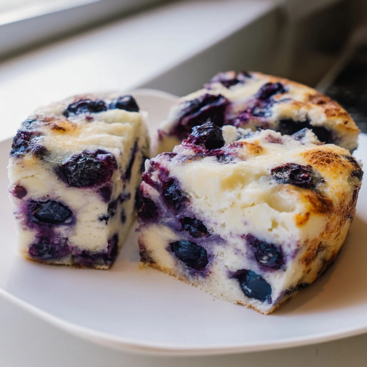 Golden, bubbly Blueberry Cottage Cheese Bake, served warm with plump, juicy blueberries for breakfast.