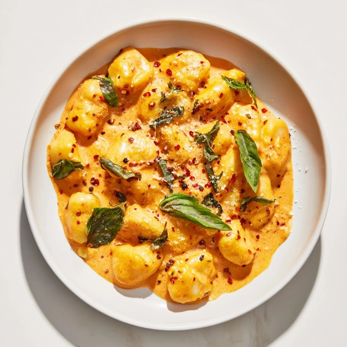 This close-up photo shows a delicious one-skillet Creamy Tomato Gnocchi, ready for a comforting dinner.