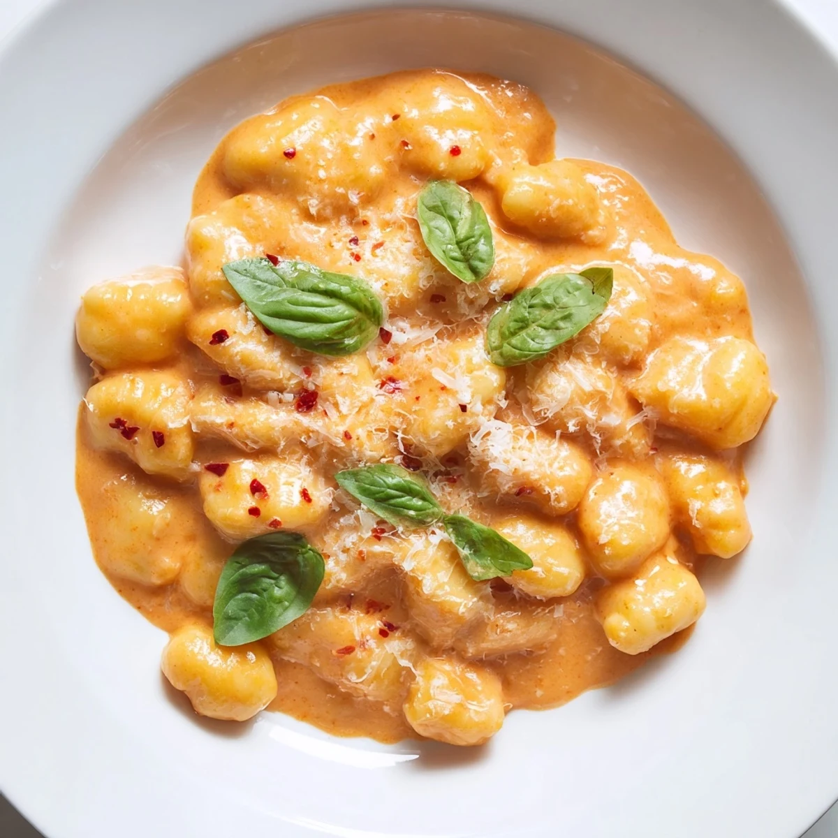 Steaming, creamy tomato gnocchi with fresh basil, Parmesan, and a velvety, flavorful sauce awaits!