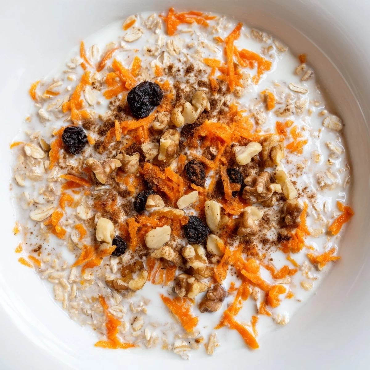 Creamy Carrot Cake Overnight Oats with grated carrots, cinnamon, and a dollop of yogurt on top.