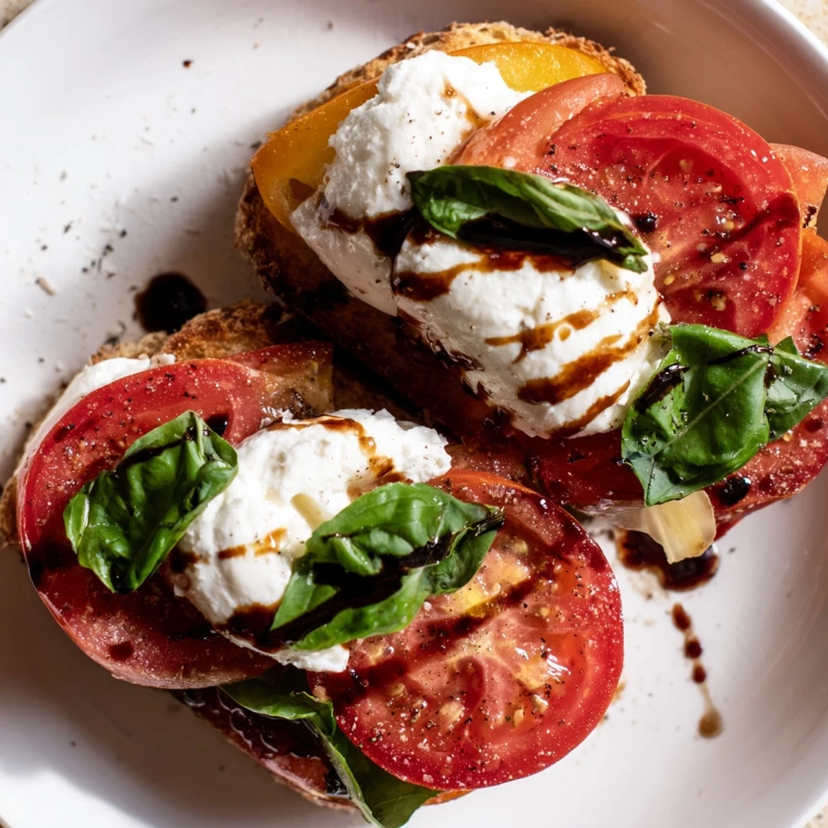 Crisp sourdough topped with juicy tomato and creamy burrata – Tomato Burrata Toast ready to serve.