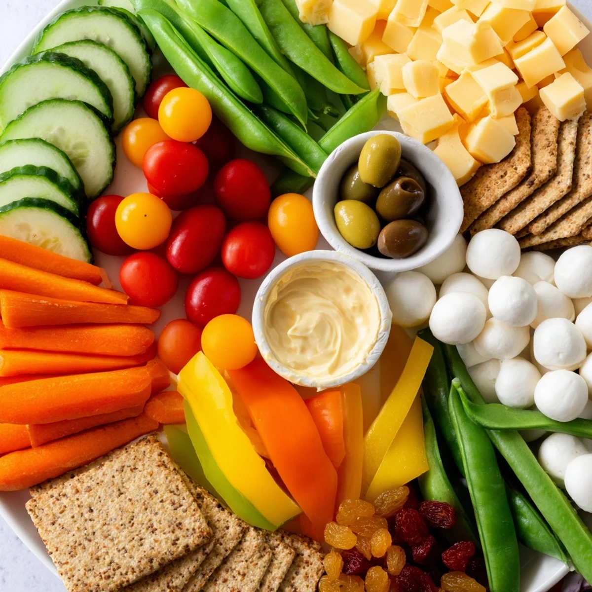 This inviting Veggie Snack Board features a variety of crunchy crackers and savory cheeses for pairing.