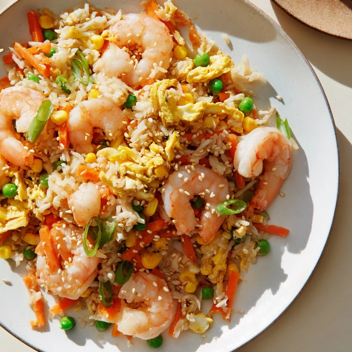 Golden shrimp fried rice, a vibrant dish with visible shrimp and colorful vegetables.
