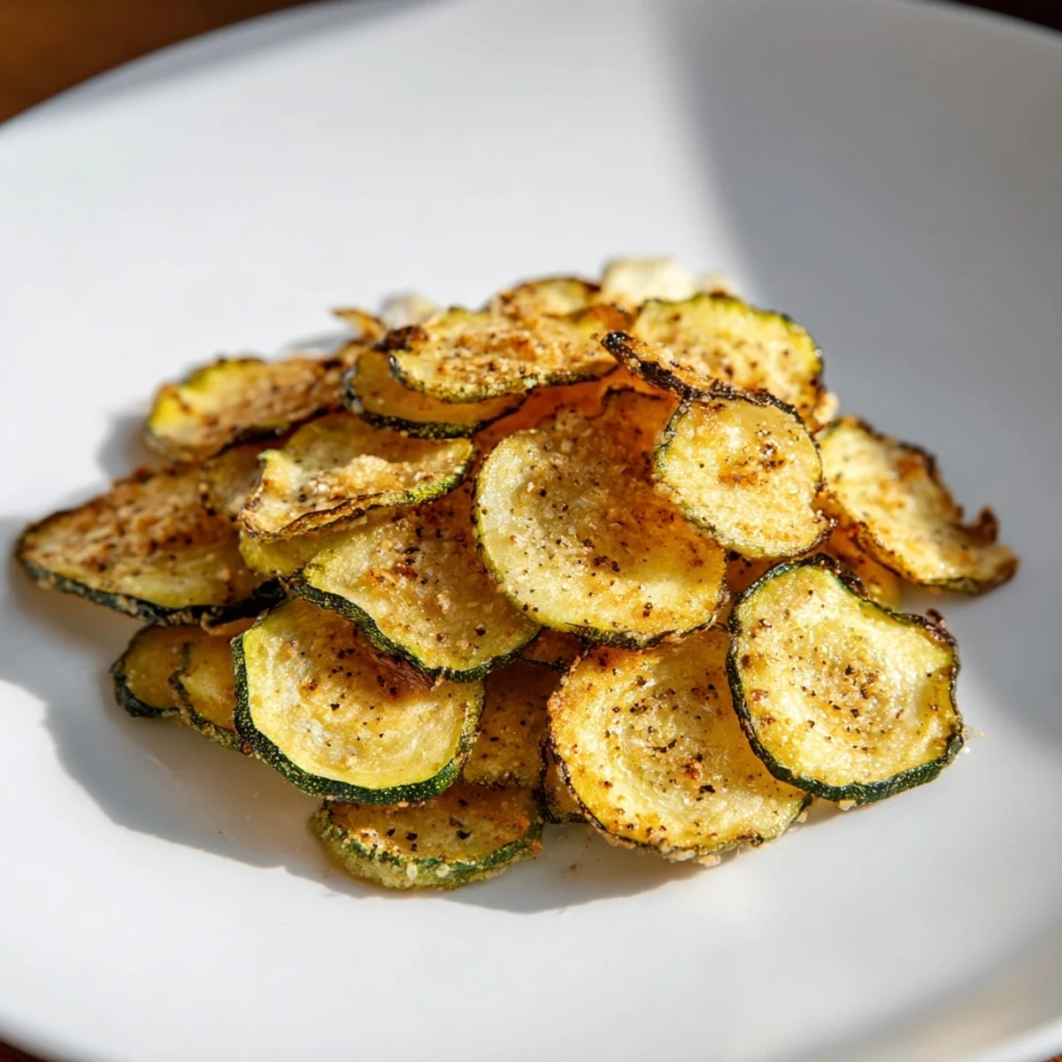 Golden brown, crispy zucchini chips, perfectly seasoned and ready for a satisfying, savory snack.