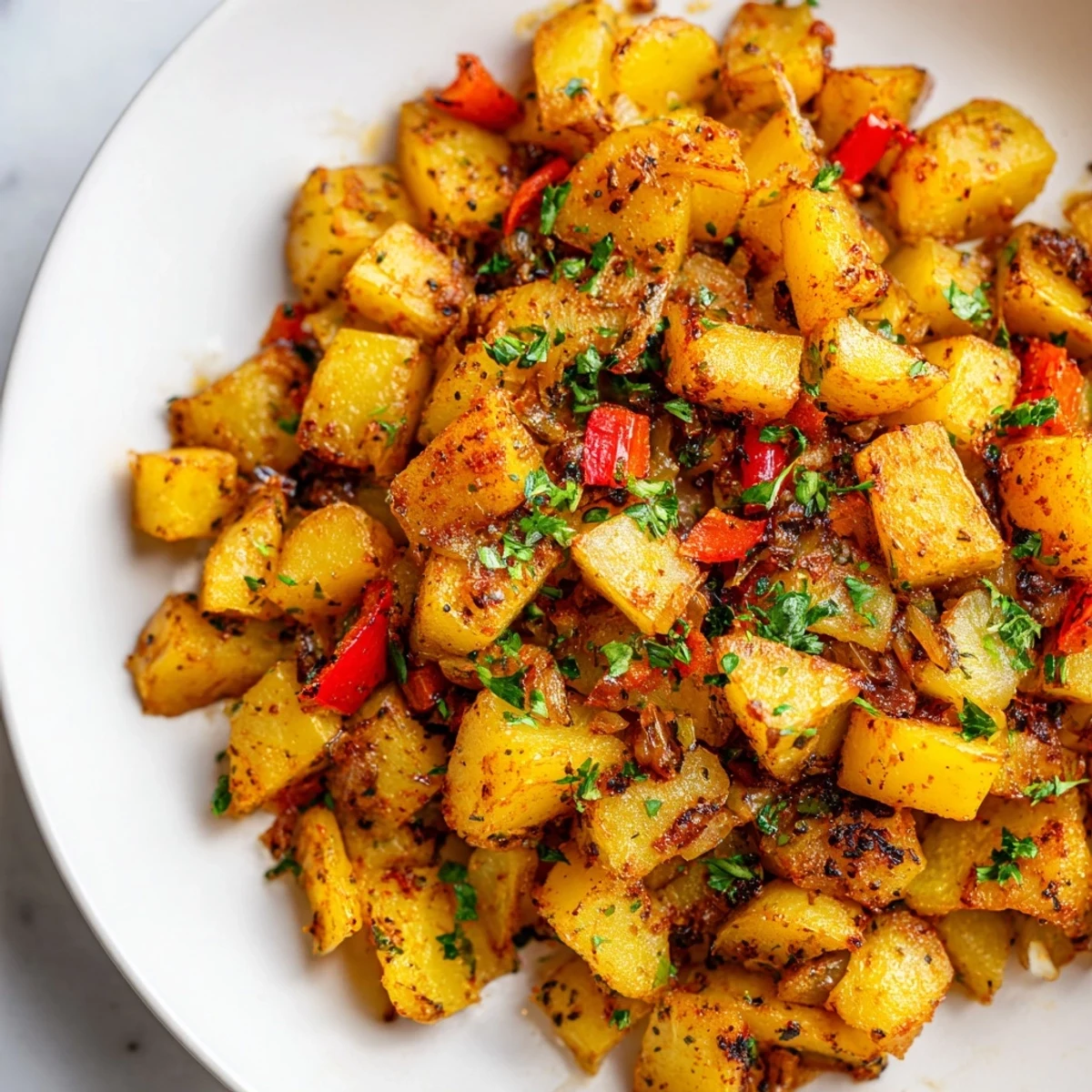 Close-up of golden, air fryer breakfast potatoes, showing perfectly crisp edges and tender insides.