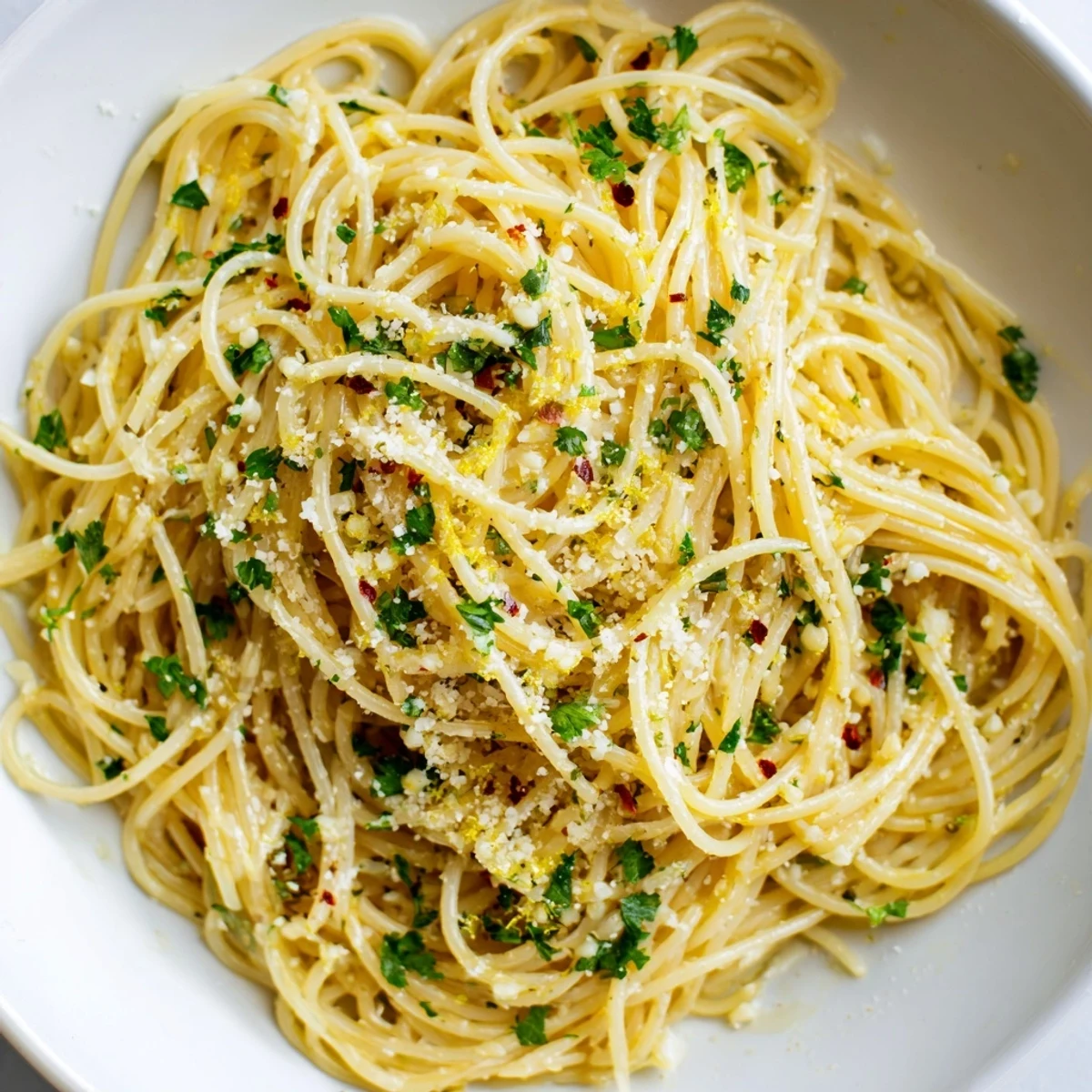 A close-up of delicious Garlic Butter Noodles, with fresh parsley and Parmesan cheese sprinkled on top.