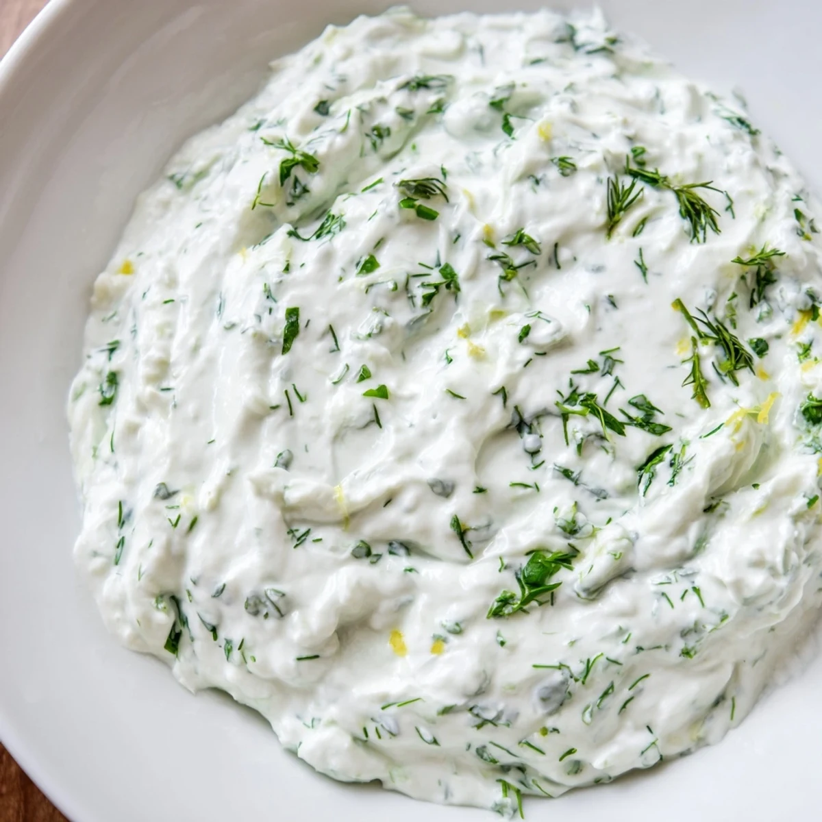 Vibrant shot of creamy Greek Yogurt Herb Dip, speckled with herbs, appealing appetizer for sharing.