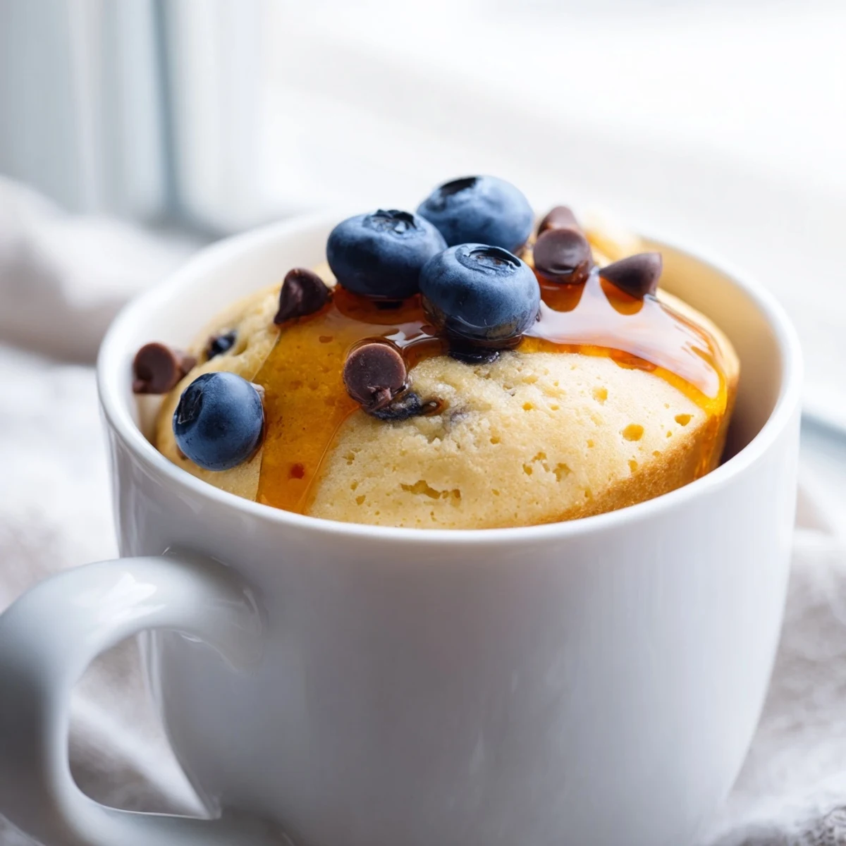 Steaming microwave mug pancakes, golden and fluffy, topped with maple syrup and fresh berries for a quick breakfast.