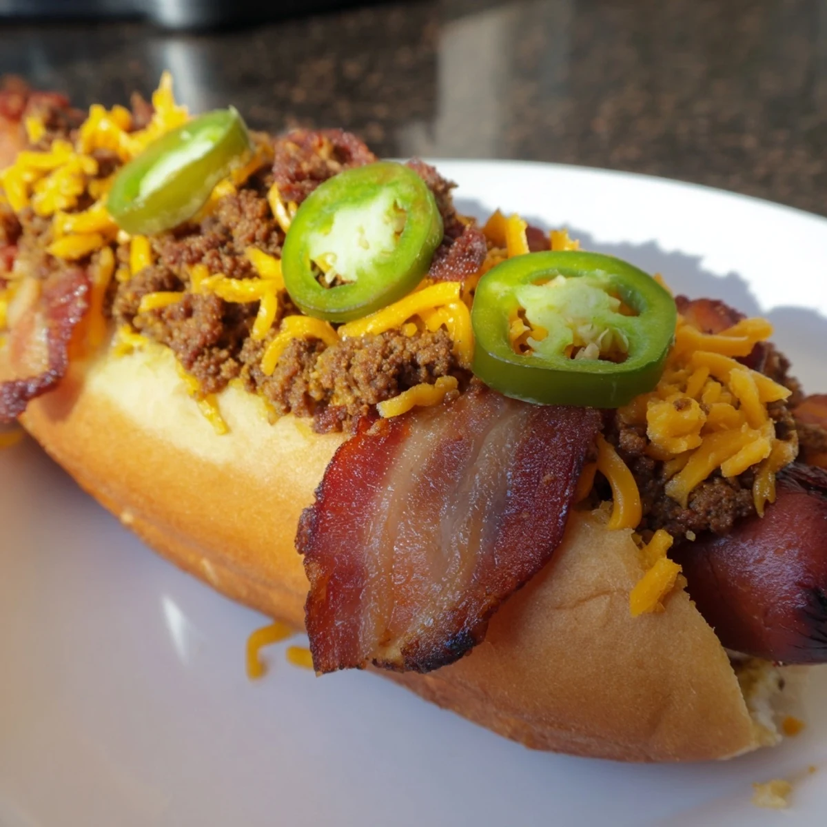 Close-up shot shows juicy Mexican Hot Dogs with crispy bacon and fresh jalapeños, ready to serve.