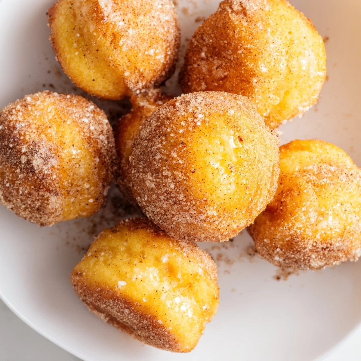 Warm, golden 1-Minute Air Fryer Donuts with a glistening cinnamon sugar coating, ready to enjoy.
