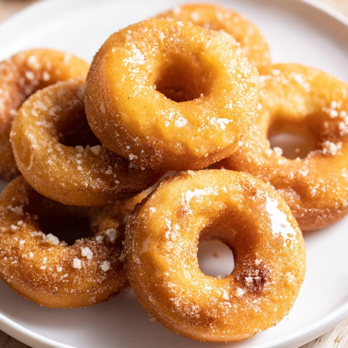 A plate of fluffy, homemade 1-Minute Air Fryer Donuts, light and airy, dusted with cinnamon and sugar.