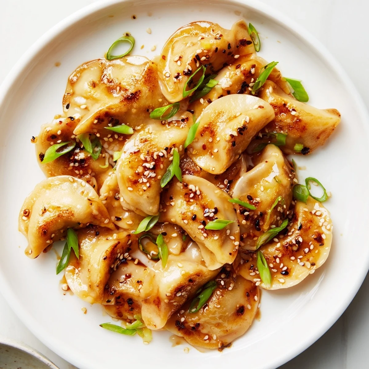 Tender, pan-fried air fryer frozen dumplings, served hot with sesame seeds and green onions, ready to eat.
