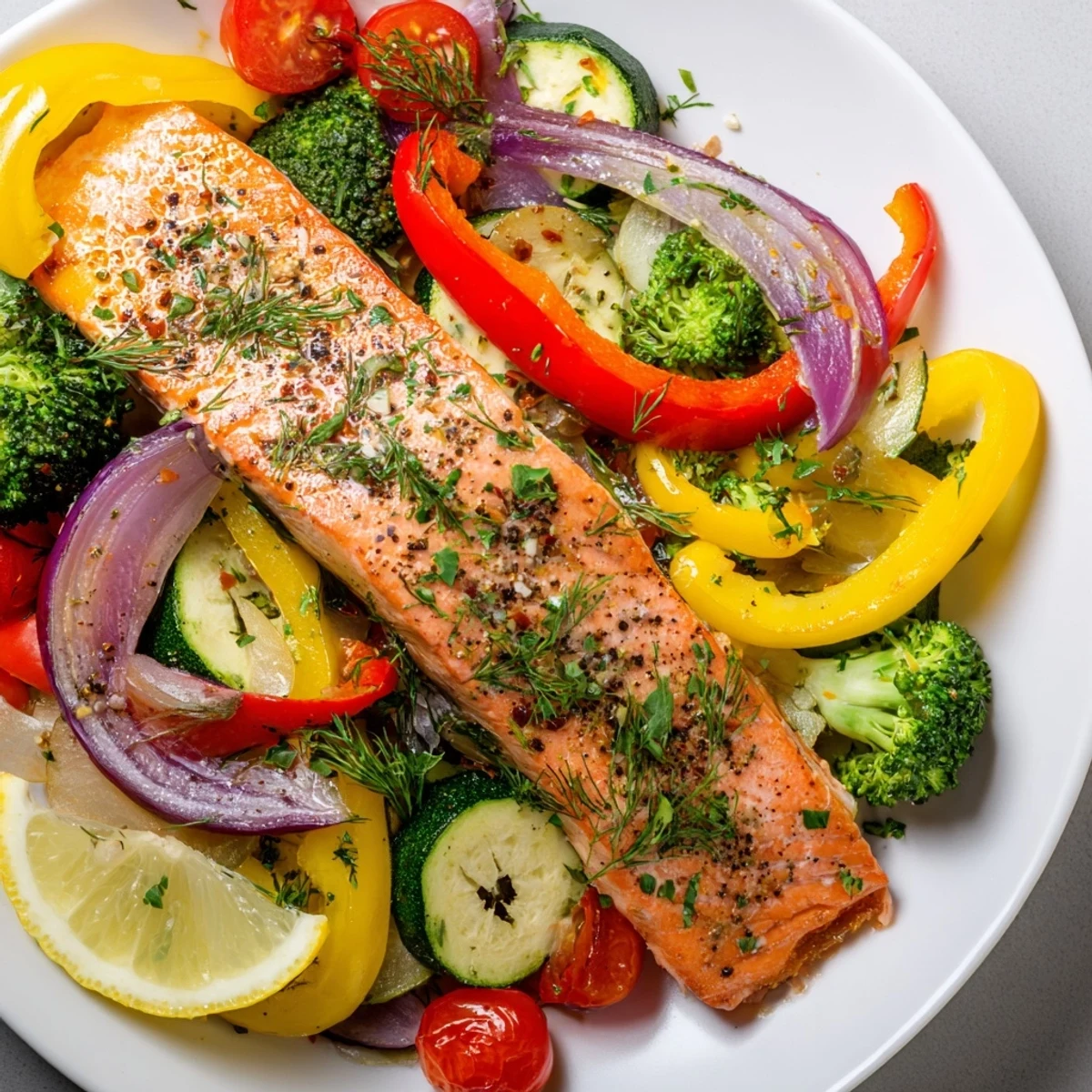 Sheet pan salmon bake with glistening, flaky salmon and roasted colorful vegetables, ready to serve.