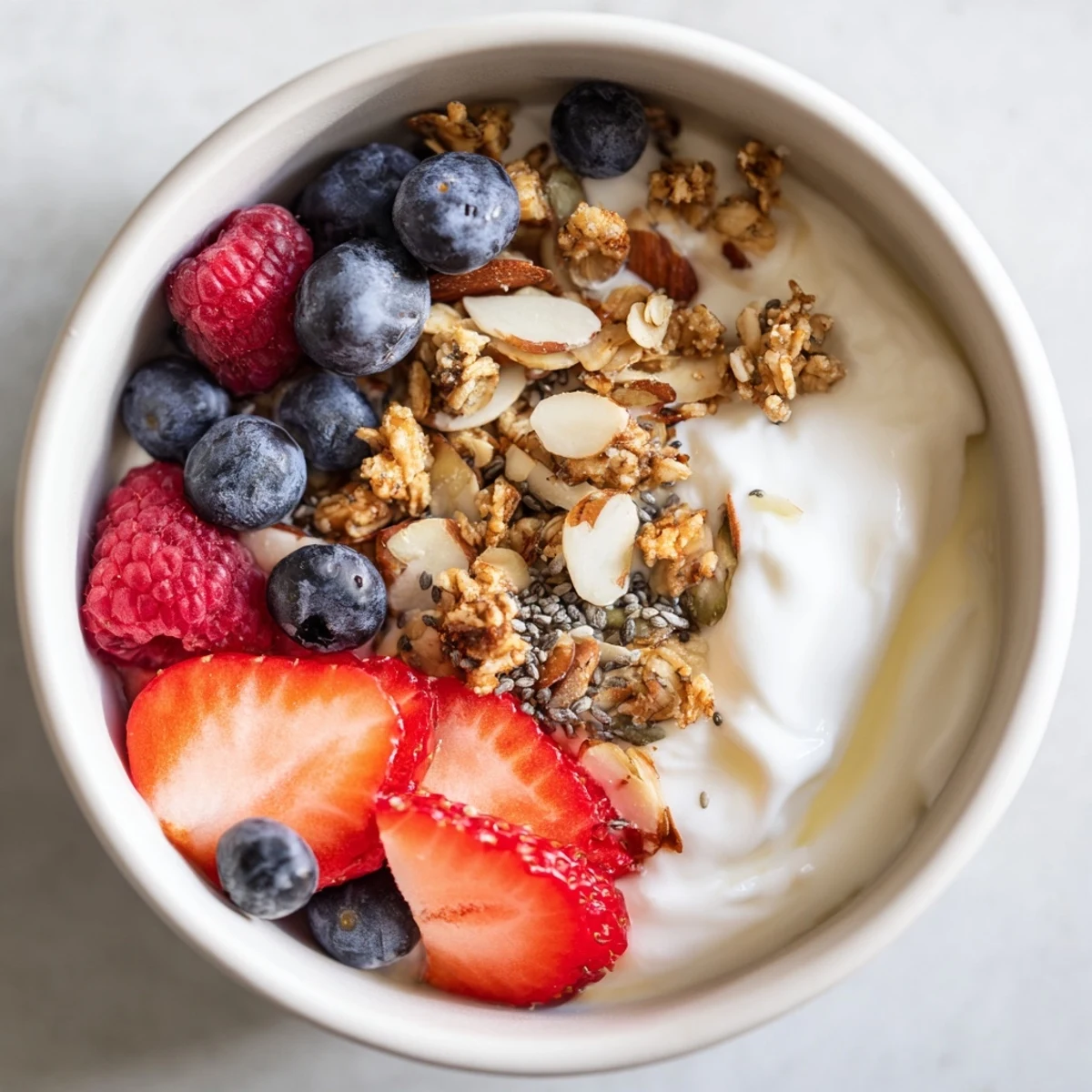 Creamy Dry Yogurt Bowl with fresh berries, crunchy granola, and a sprinkle of nuts, ready to eat.