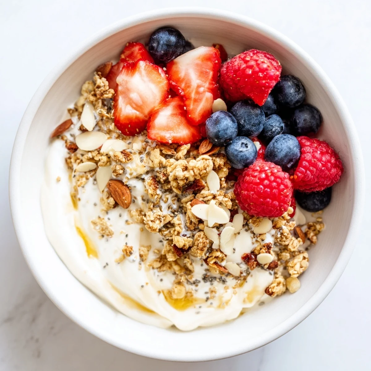 This healthy Dry Yogurt Bowl includes protein-packed yogurt, mixed berries, and a satisfying granola crunch.