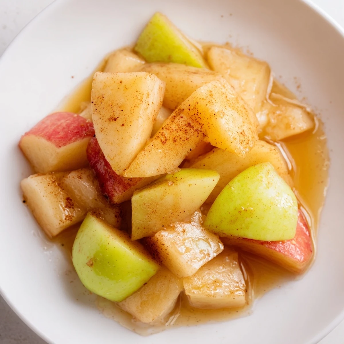 Slow Cooker Stewed Apples, glistening and warm, ready to be spooned over fluffy pancakes.