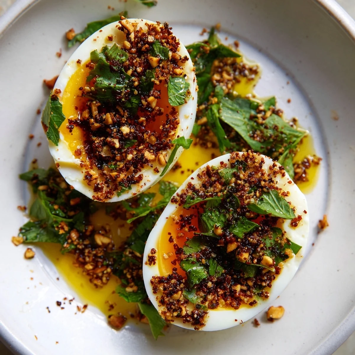 Dukkah-Spiced Eggs are a colorful brunch delight, speckled with vibrant herbs and crunchy dukkah.