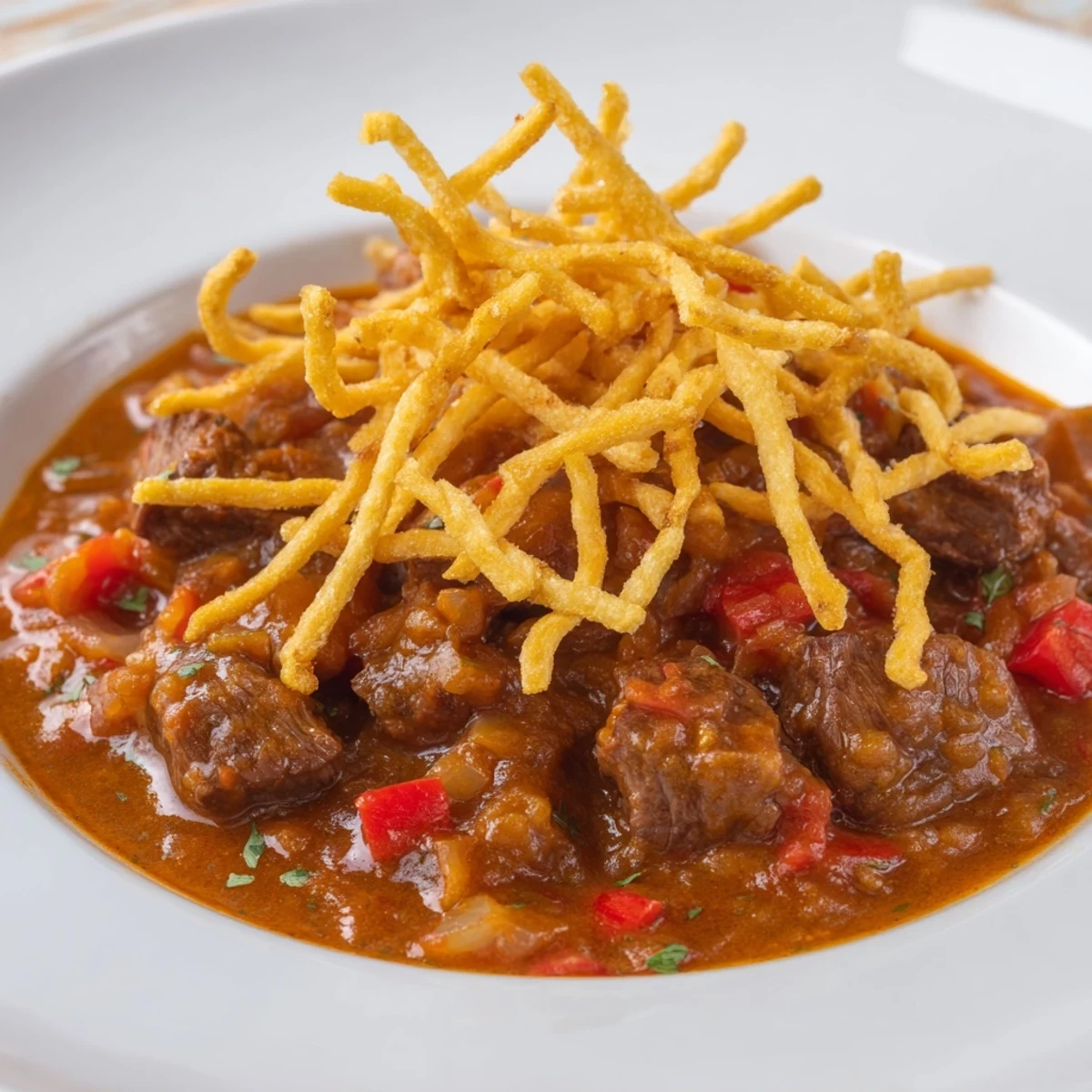 Tender beef goulash in a paprika sauce, served with crispy potato strips, a Czech Goulash classic.