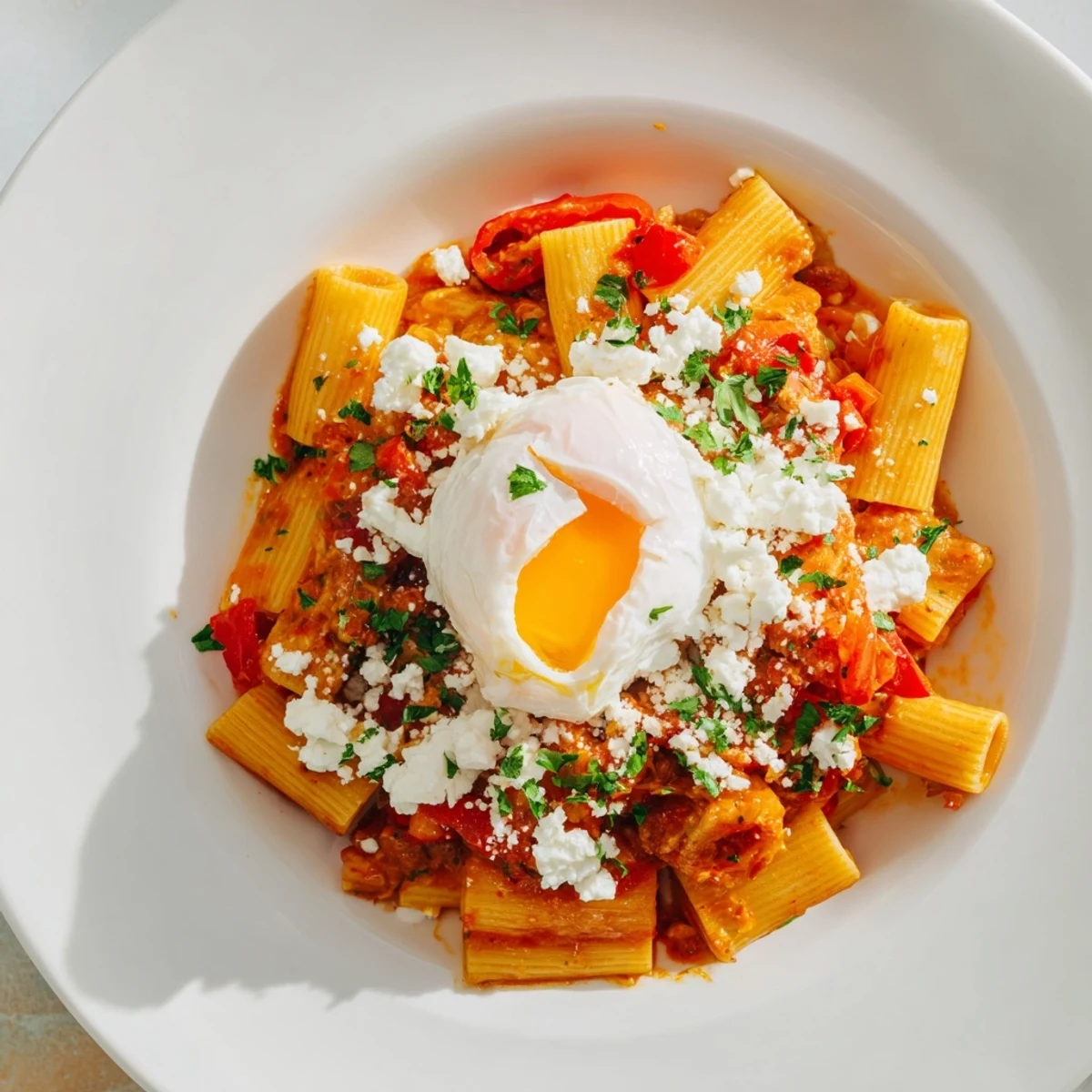A delightful Shakshuka Baked Pasta, bubbling with a rich tomato sauce and perfectly poached eggs.