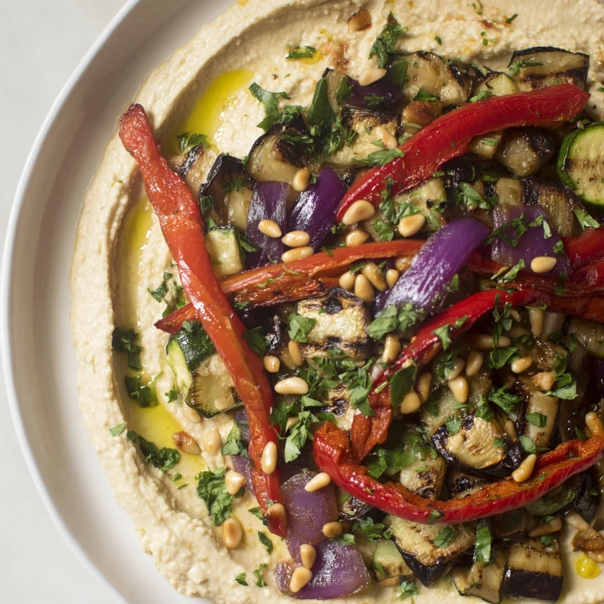 Hummus roasted veggies, a vibrant platter of charred vegetables and creamy hummus, ready to enjoy.