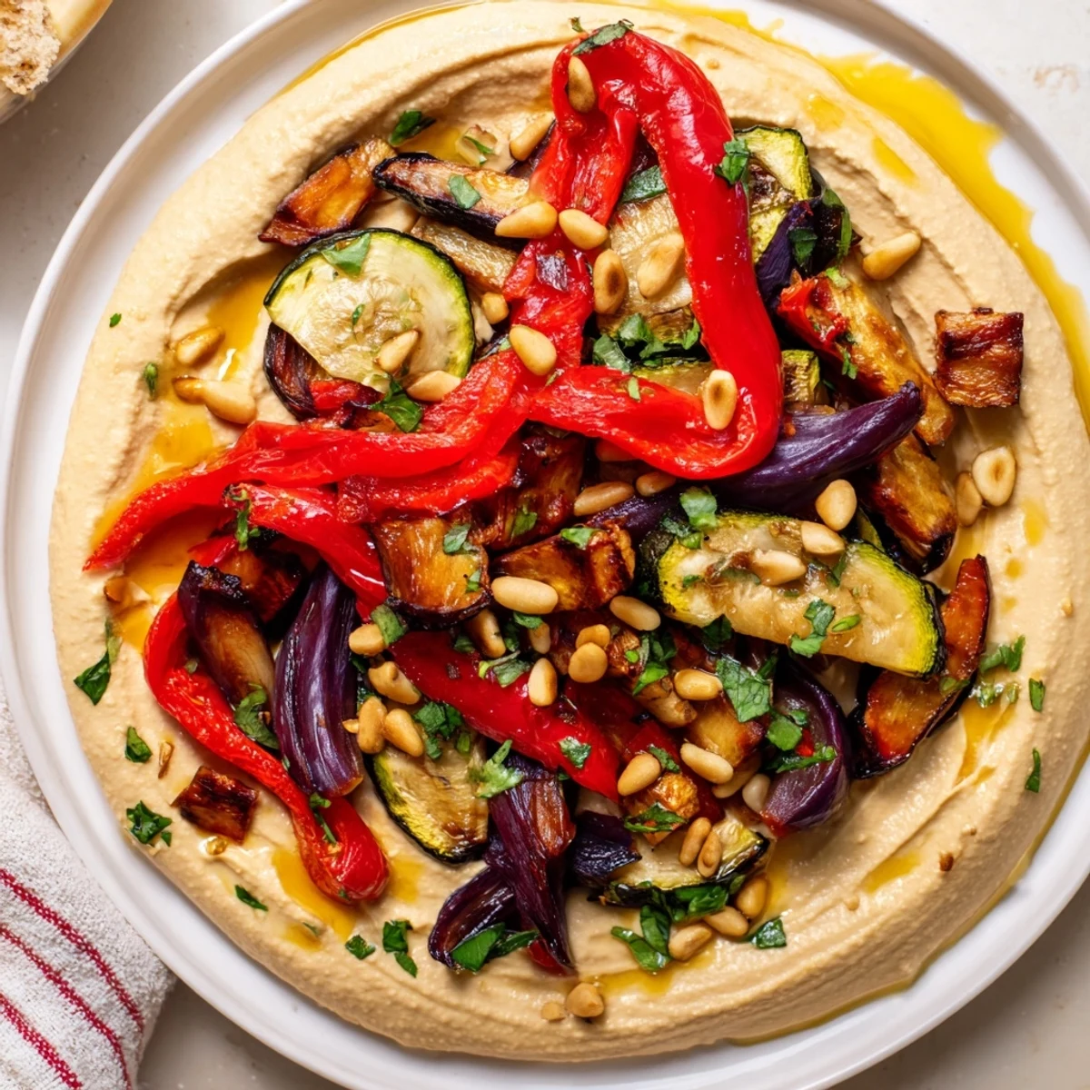 Flavorful hummus roasted veggies with perfectly roasted vegetables, sprinkled with toasted pine nuts, ready to eat.