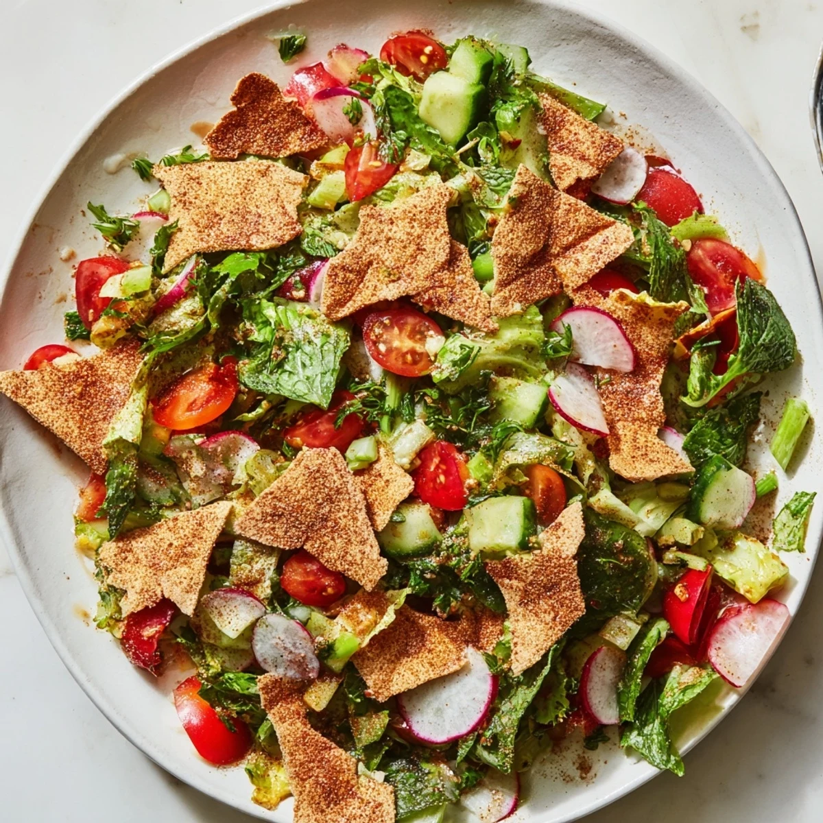 Vibrant Fattoush Crunch Salad with colorful fresh veggies and crunchy pita chips, drizzled with zesty dressing.