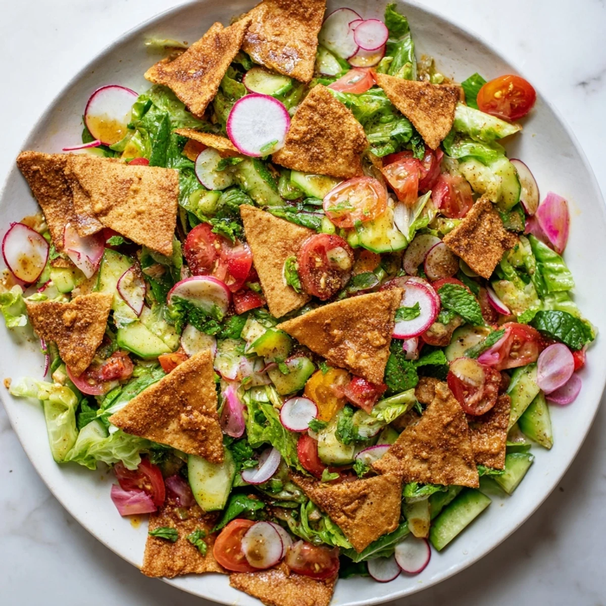 Delicious Fattoush Crunch Salad, a Middle Eastern delight, ready to be served and enjoyed with its fresh flavors.